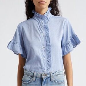 MILLE Women’s Size Medium Vanessa Ruffle Detail Chambray Polka Dot Cotton Blouse